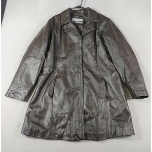 Monroe & Main Leather Coat Womens Large Brown Button Front Mid Length Lined